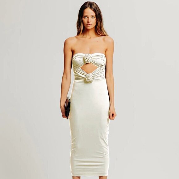 New Torn by Ronny Kobo Selena Strapless Cutout Rosette Bodycon Black Midi Dress - Picture 4 of 11